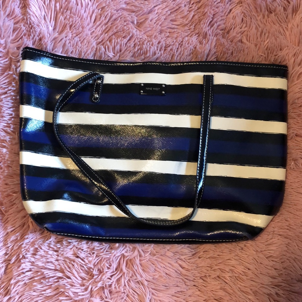 EUC Nine West Tote in Black, Blue, Ivory stripes